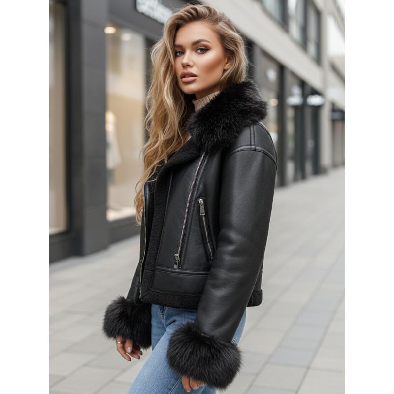Dámska bunda z umelej kože s kožušinou, čierna