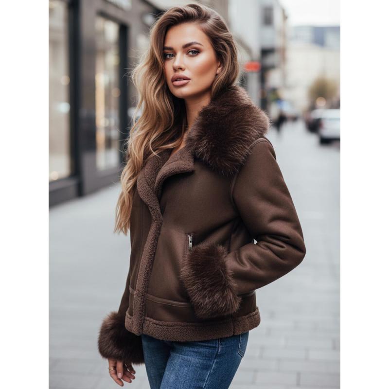 Dámska bunda z umelej kože s kožušinou, hnedá
