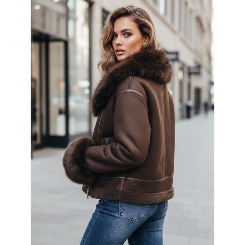 Dámska bunda z umelej kože s kožušinou, hnedá