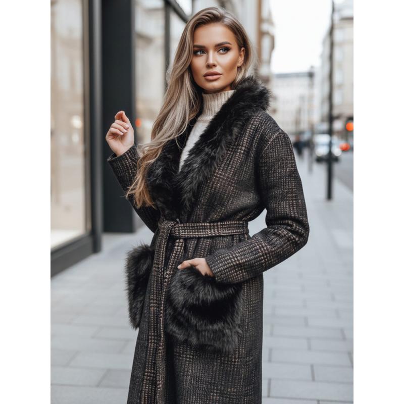 Dámský kabát s kožešinou v hnědé barvě
