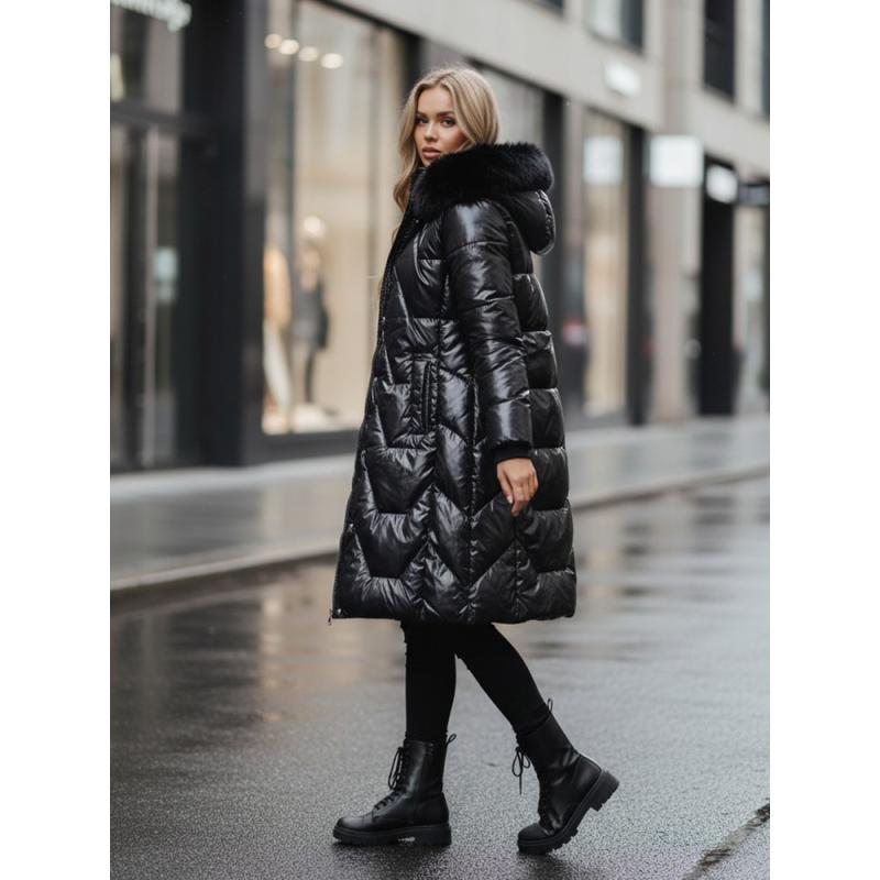 Dámska dlhá prešívaná zimná bunda ELECIO s kapucňou, čierna