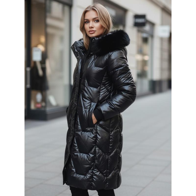 Dámska dlhá prešívaná zimná bunda ELECIO s kapucňou, čierna