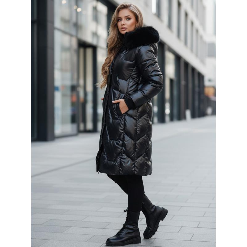 Dámska dlhá prešívaná zimná bunda ELECIO s kapucňou, čierna