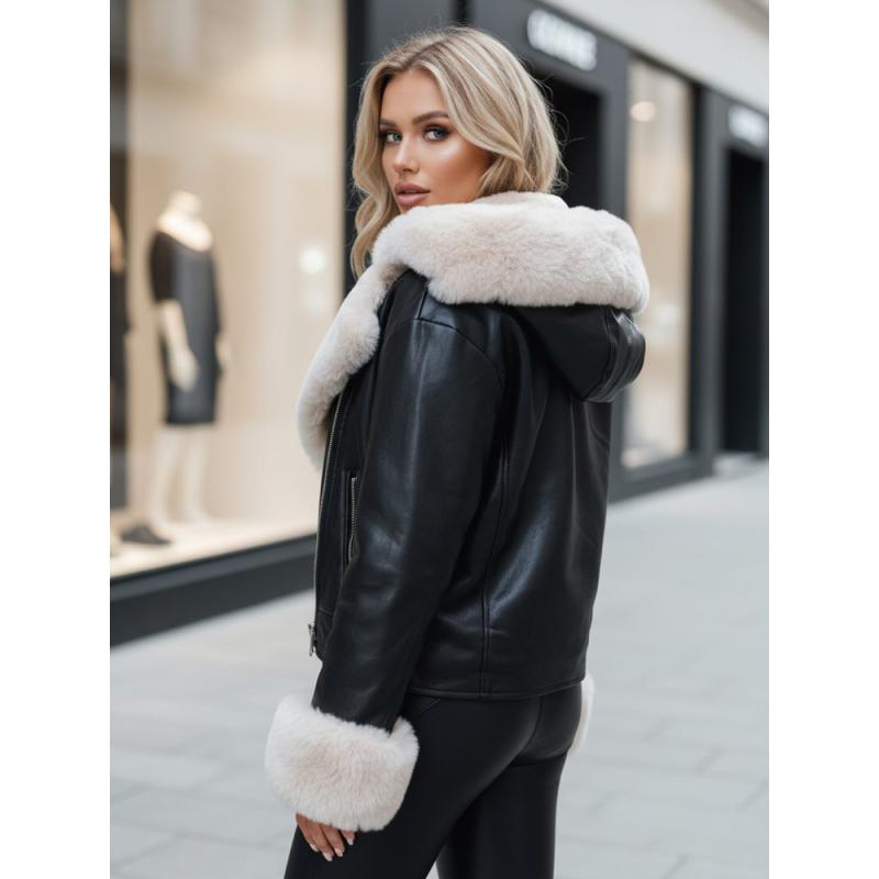 Dámska bunda z umelej kože s kožušinou, čierna