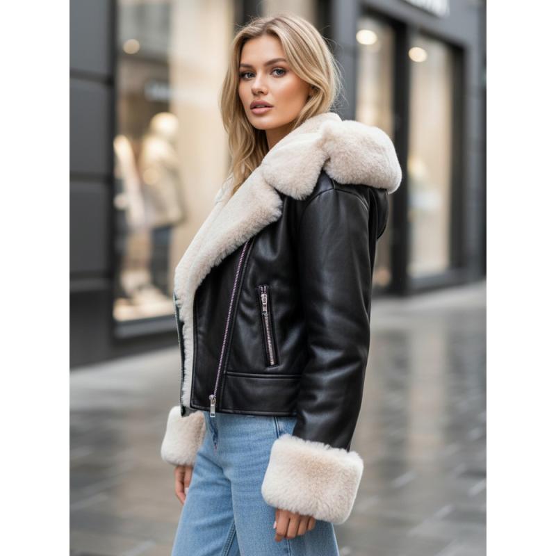 Dámska bunda z umelej kože s kožušinou, čierna