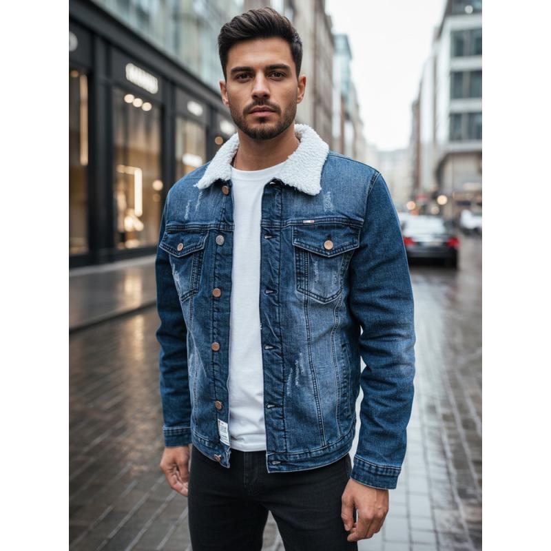 Pánska džínsová bunda s kožušinovou podšívkou, tmavomodrá