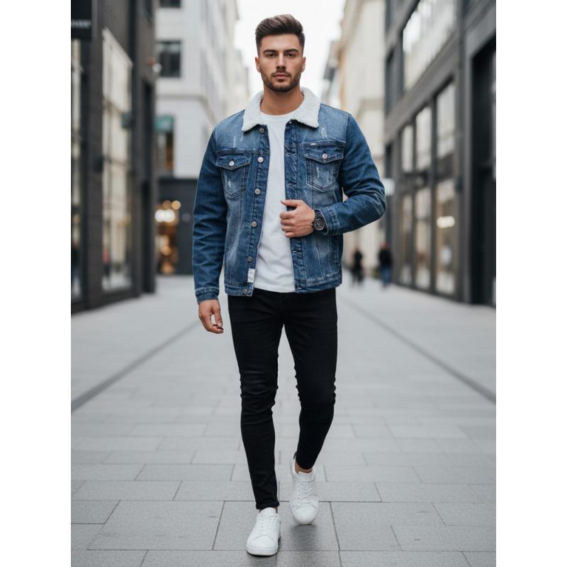 Pánska džínsová bunda s kožušinovou podšívkou, tmavomodrá