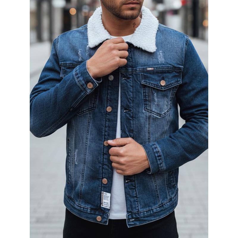 Pánska džínsová bunda s kožušinovou podšívkou, tmavomodrá