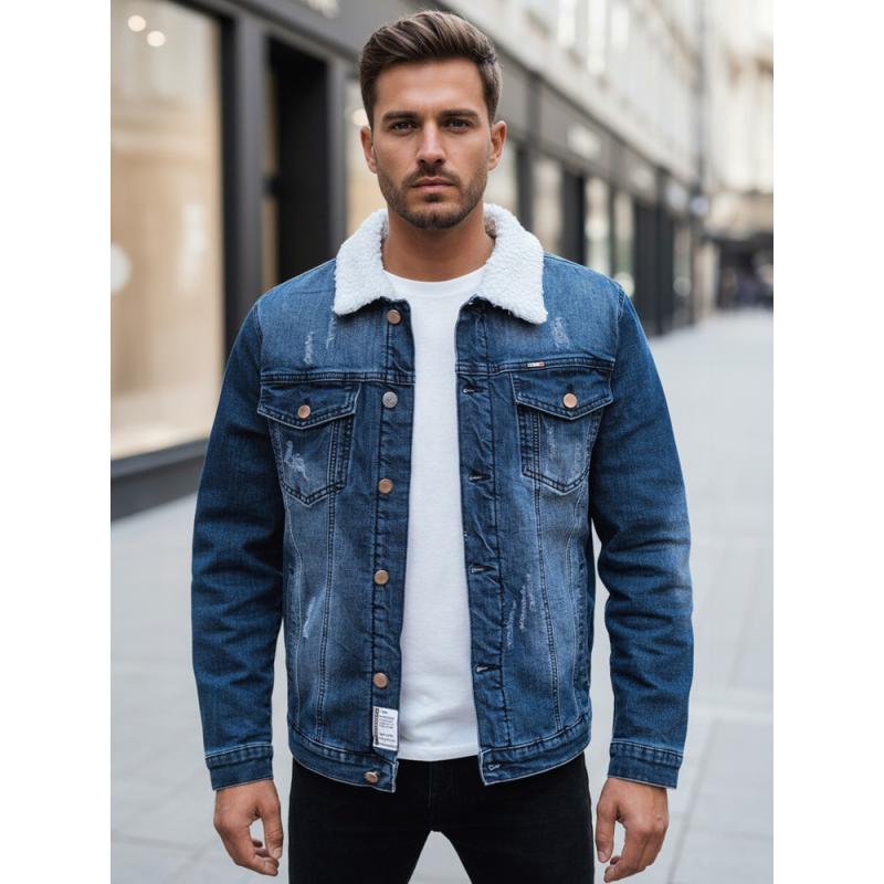Pánska džínsová bunda s kožušinovou podšívkou, tmavomodrá
