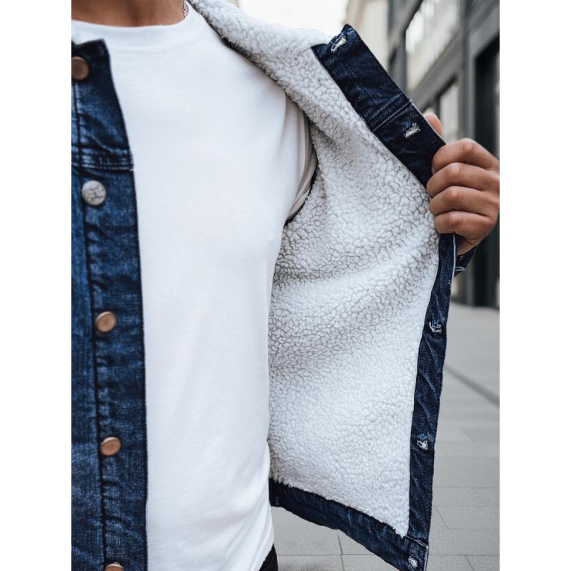 Pánska džínsová bunda s kožušinovou podšívkou, tmavomodrá