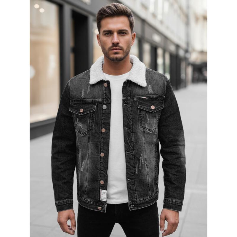 Pánska džínsová bunda s kožušinovou podšívkou, sivá
