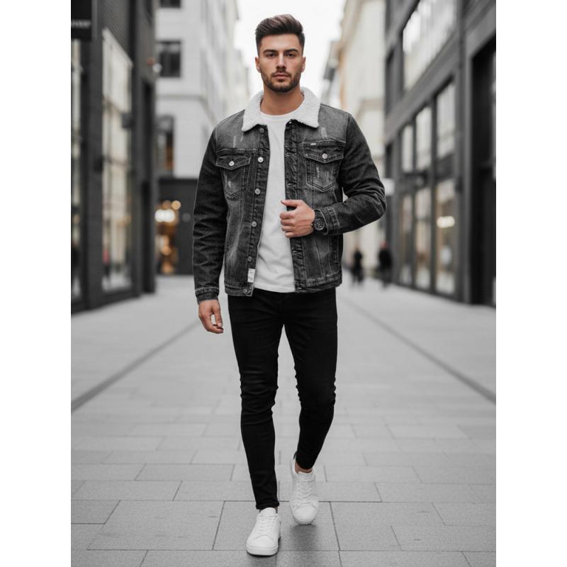 Pánska džínsová bunda s kožušinovou podšívkou, sivá