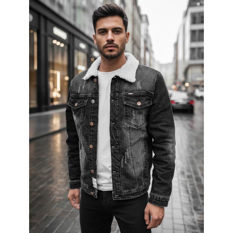 Pánska džínsová bunda s kožušinovou podšívkou, sivá