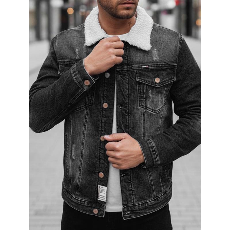 Pánska džínsová bunda s kožušinovou podšívkou, sivá