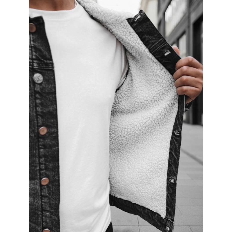 Pánska džínsová bunda s kožušinovou podšívkou, sivá