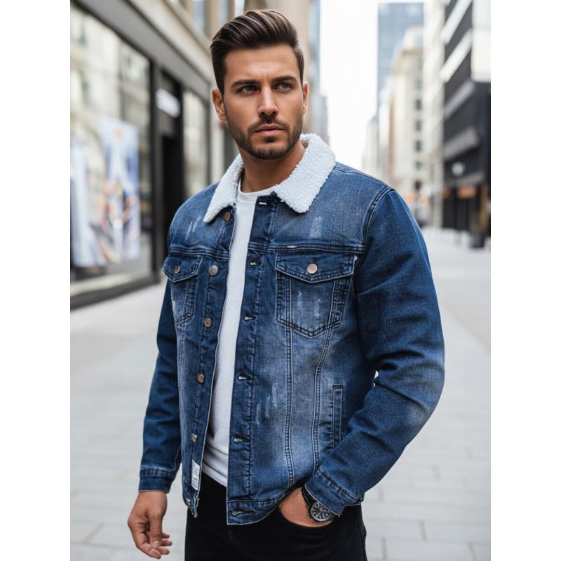 Pánska džínsová bunda s kožušinovou podšívkou, modrá