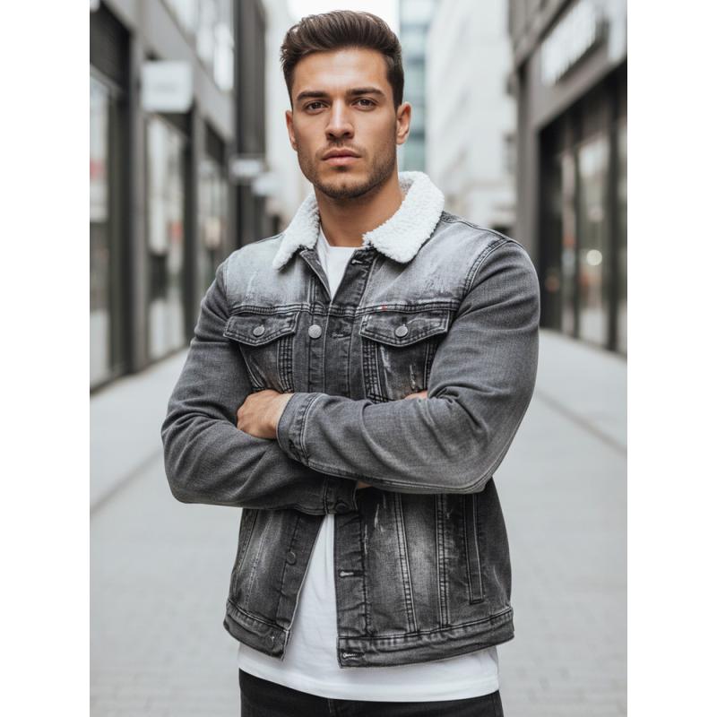 Pánska džínsová bunda s podšívkou a kožušinou, čierna