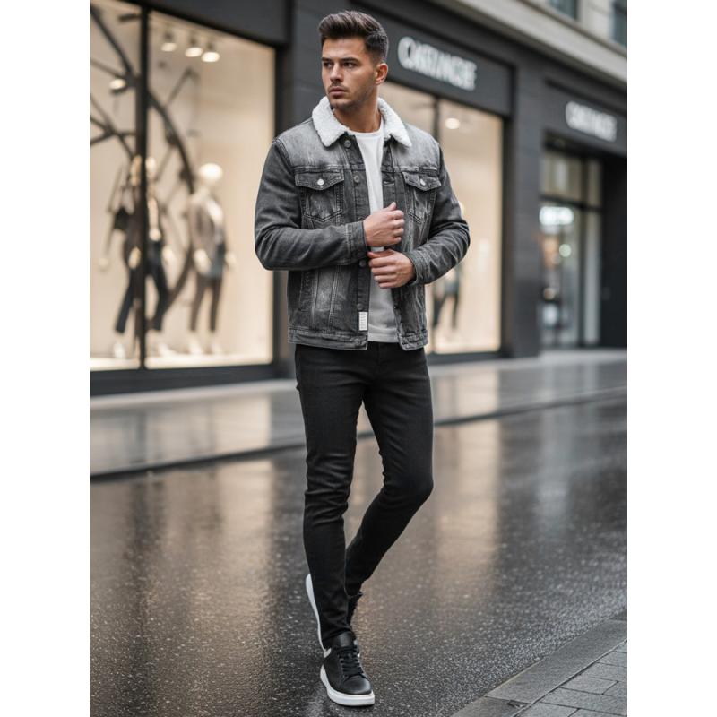 Pánska džínsová bunda s podšívkou a kožušinou, čierna