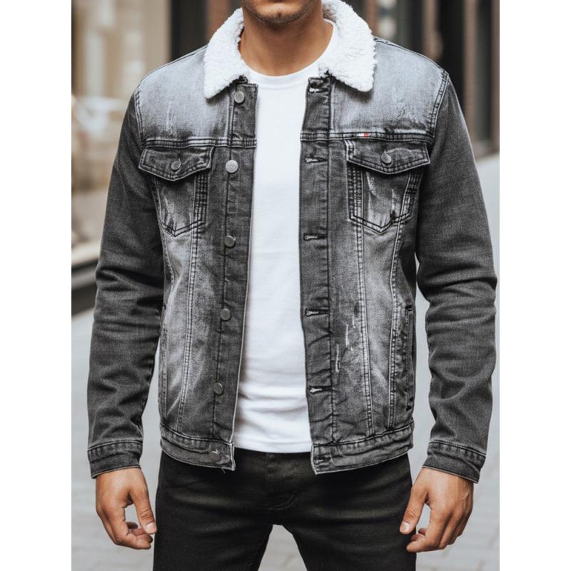 Pánska džínsová bunda s podšívkou a kožušinou, čierna