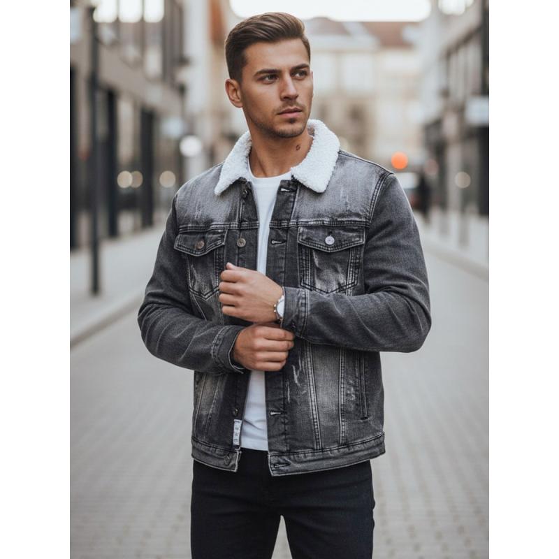 Pánska džínsová bunda s podšívkou a kožušinou, čierna