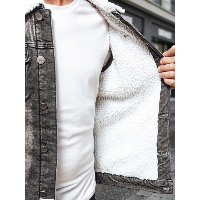 Pánska džínsová bunda s podšívkou a kožušinou, čierna