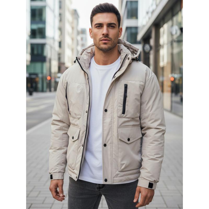Pánska zimná bunda s kapucňou, svetlo béžová