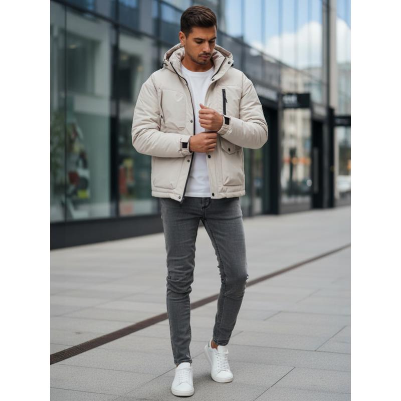 Pánska zimná bunda s kapucňou, svetlo béžová