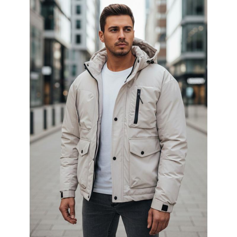 Pánska zimná bunda s kapucňou, svetlo béžová