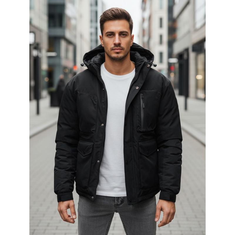 Pánska zimná bunda s kapucňou, čierna
