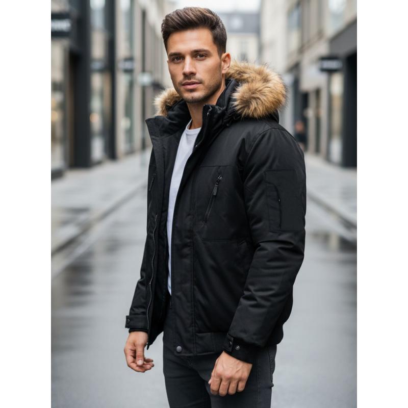 Pánska zimná bunda s kapucňou, čierna