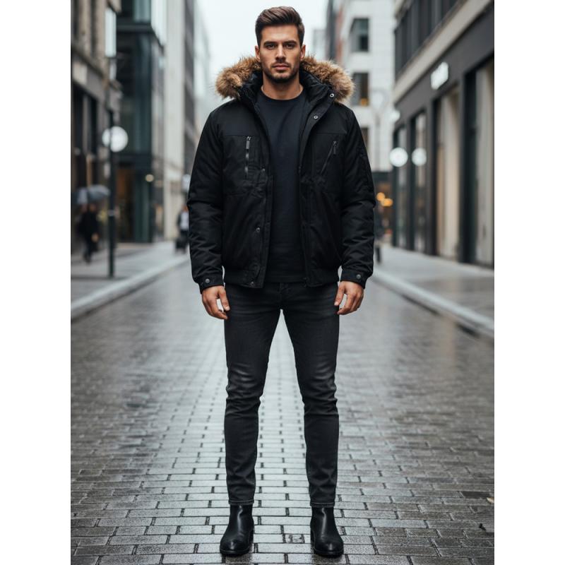 Pánska zimná bunda s kapucňou, čierna