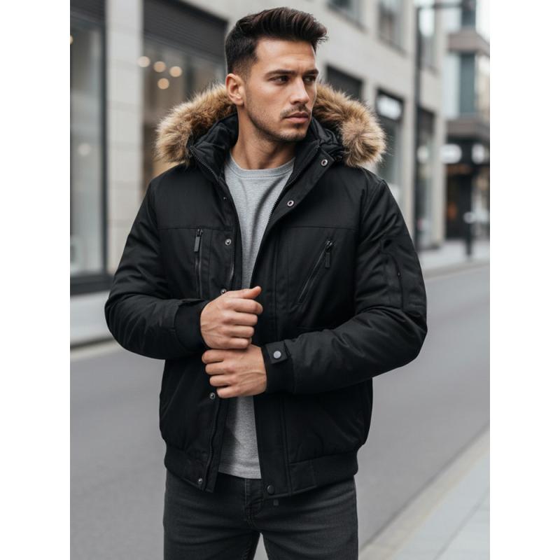 Pánska zimná bunda s kapucňou, čierna