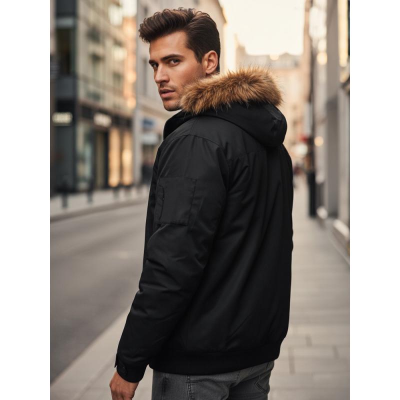Pánska zimná bunda s kapucňou, čierna