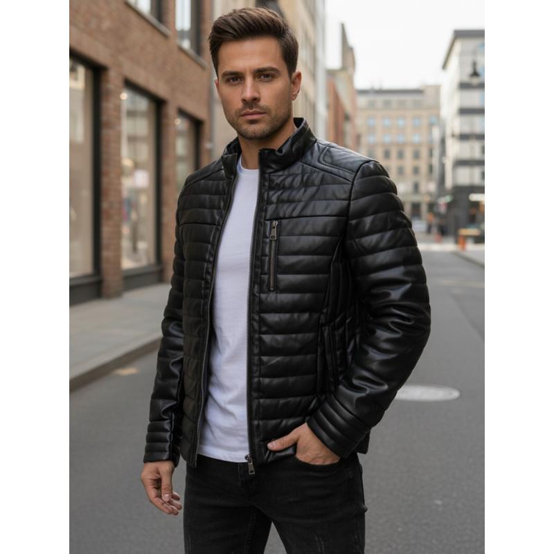 Pánska čierna zimná bunda z umelej kože
