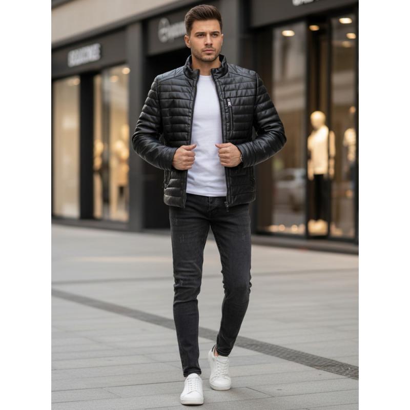 Pánska čierna zimná bunda z umelej kože