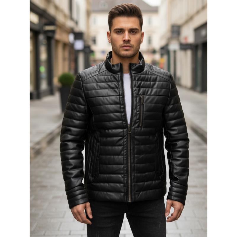 Pánska čierna zimná bunda z umelej kože