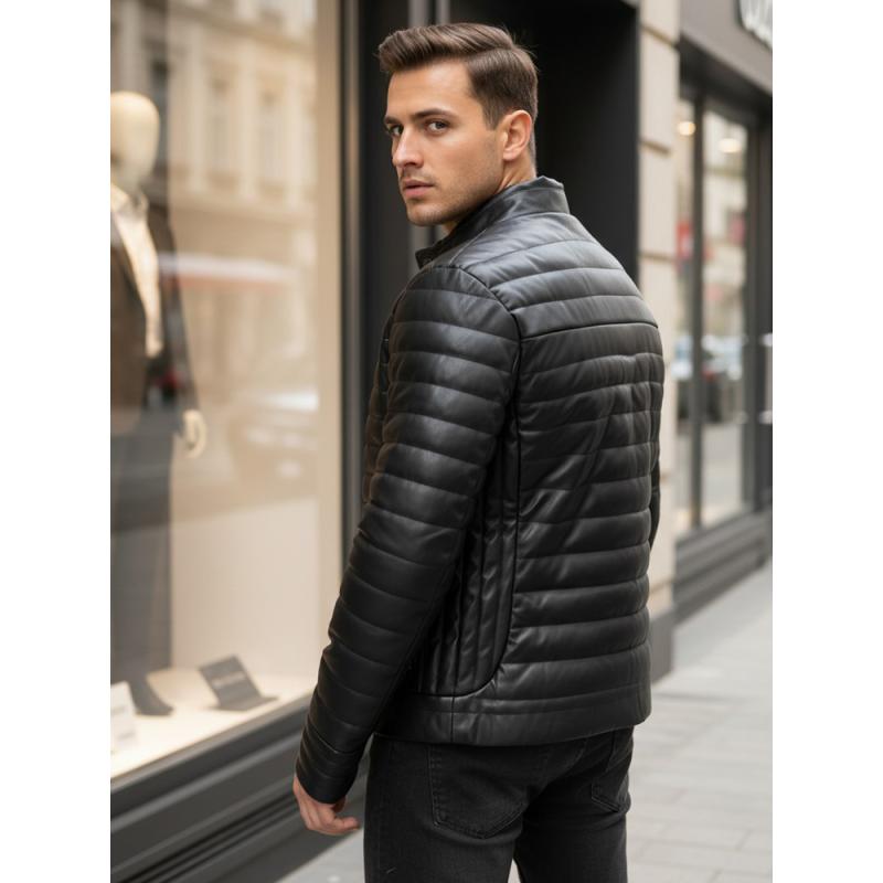 Pánska čierna zimná bunda z umelej kože