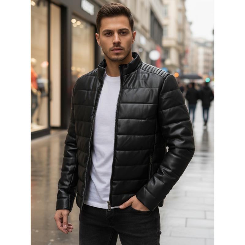 Pánska čierna prešívaná zimná bunda z umelej kože