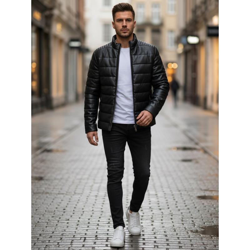 Pánska čierna prešívaná zimná bunda z umelej kože