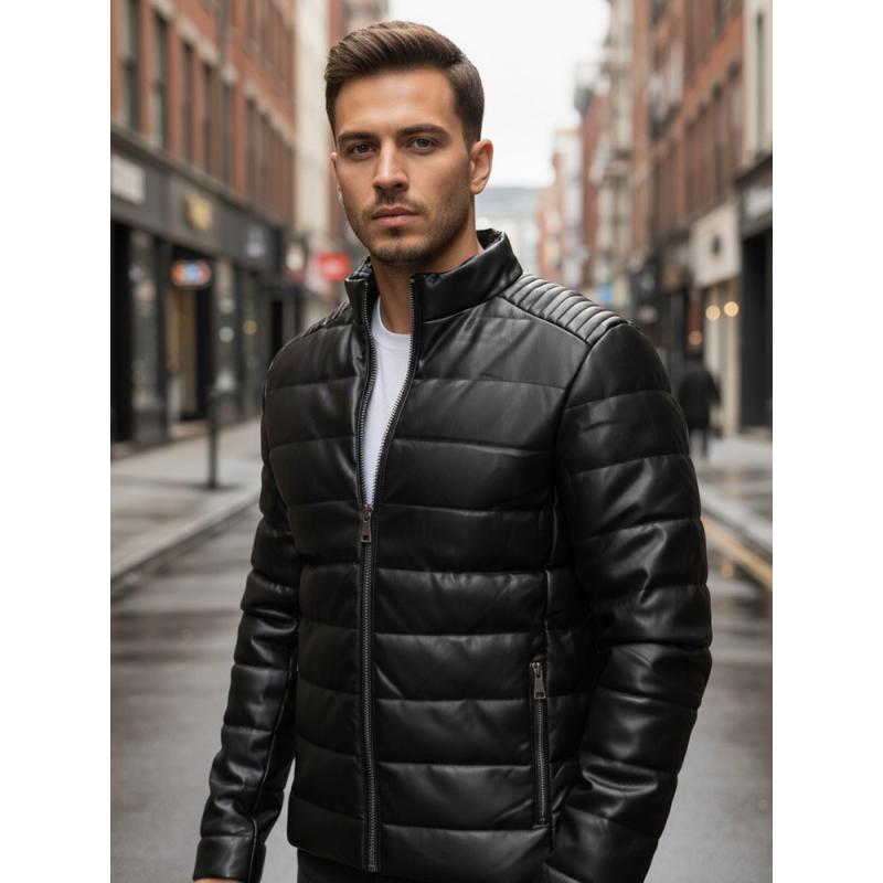 Pánska čierna prešívaná zimná bunda z umelej kože