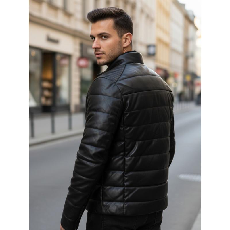 Pánska čierna prešívaná zimná bunda z umelej kože