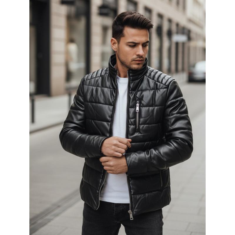 Pánska čierna zateplená bunda z umelej kože