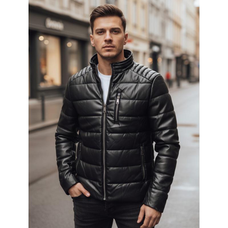 Pánska čierna zateplená bunda z umelej kože