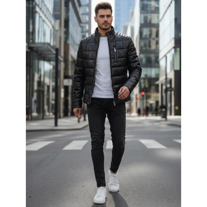 Pánska čierna zateplená bunda z umelej kože