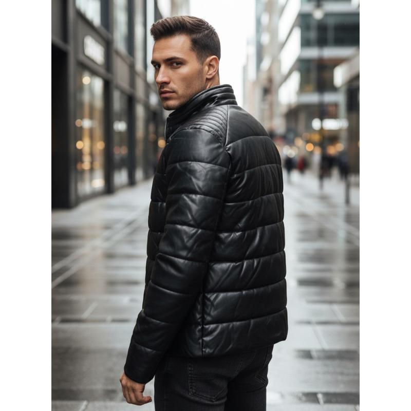 Pánska čierna zateplená bunda z umelej kože
