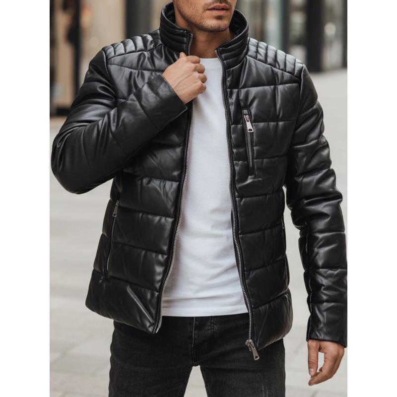Pánska čierna zateplená bunda z umelej kože