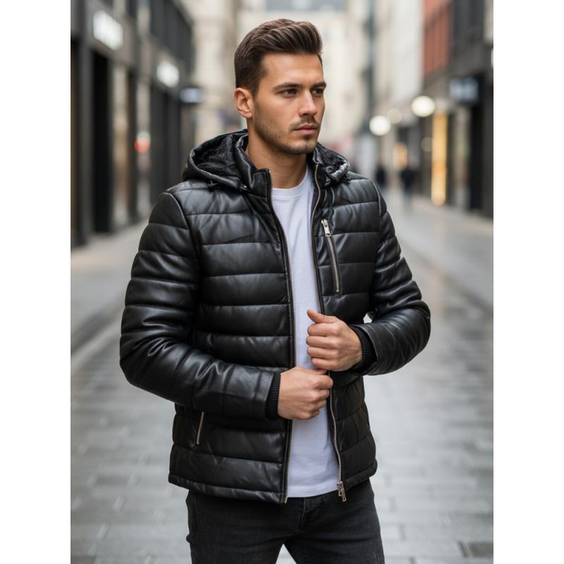 Pánska čierna prešívaná zimná bunda z umelej kože