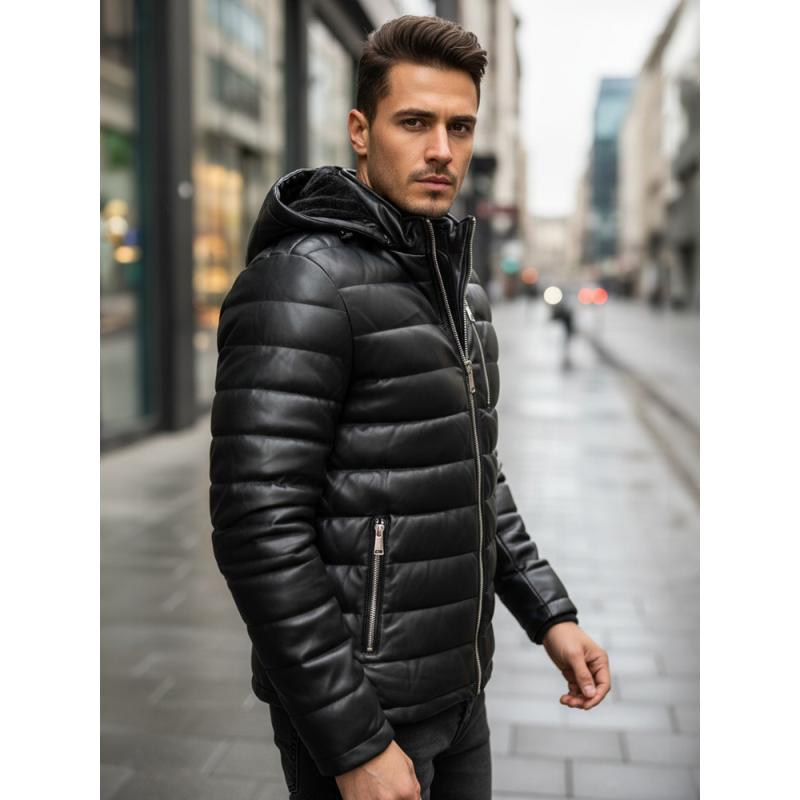 Pánska čierna prešívaná zimná bunda z umelej kože