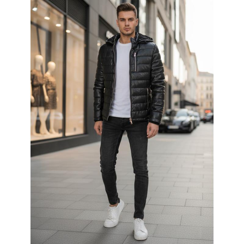 Pánska čierna prešívaná zimná bunda z umelej kože