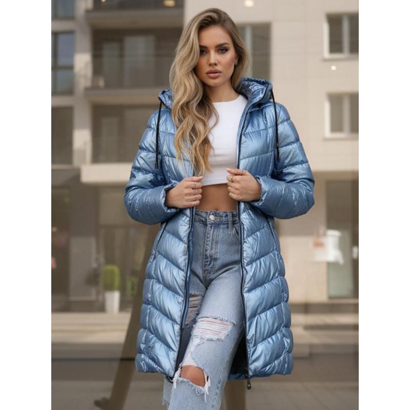 Dámska dlhá prešívaná zimná bunda, tmavomodrá